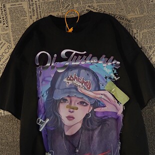 潮牌欧美风高街纯棉短袖印花男女bf风大码宽松亚比风T恤潮hiphop