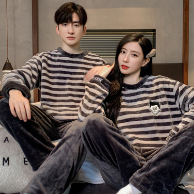 情侣珊瑚绒睡衣男女款秋冬季加绒加厚冬款高级感可外穿家居服套装