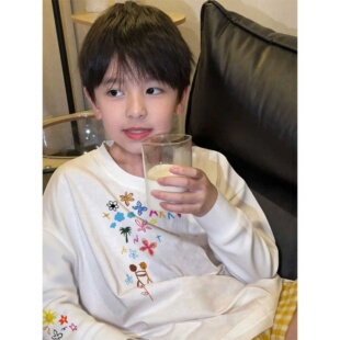 美式涂鸦风圆领百搭白色长袖印花宽松纯棉上衣设计感休闲秋冬卫衣
