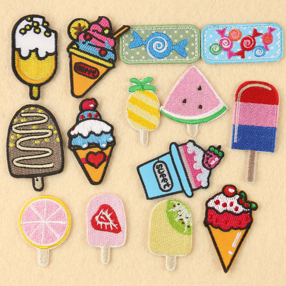 时尚百搭卡通小吃刺绣糖果冰淇淋水果布贴儿童服装辅料背胶补丁贴
