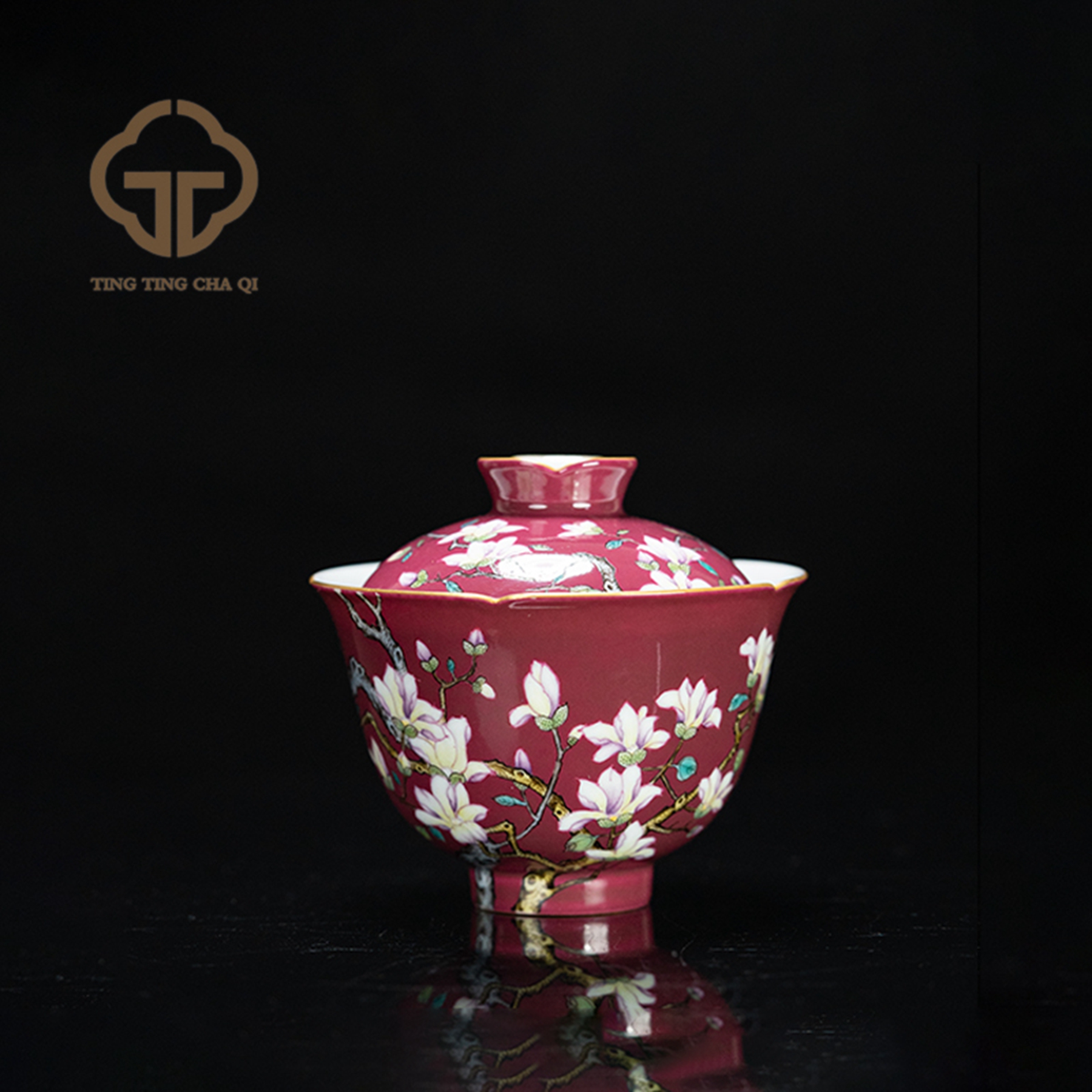 溢珍堂 粉彩花鸟胭脂红玉兰花口盖碗 155cc瓷器周边茶具