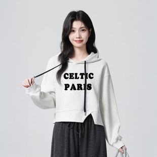 薄/加绒秋冬季新款连帽卫衣女不规则开叉套头带帽短款宽松上衣潮