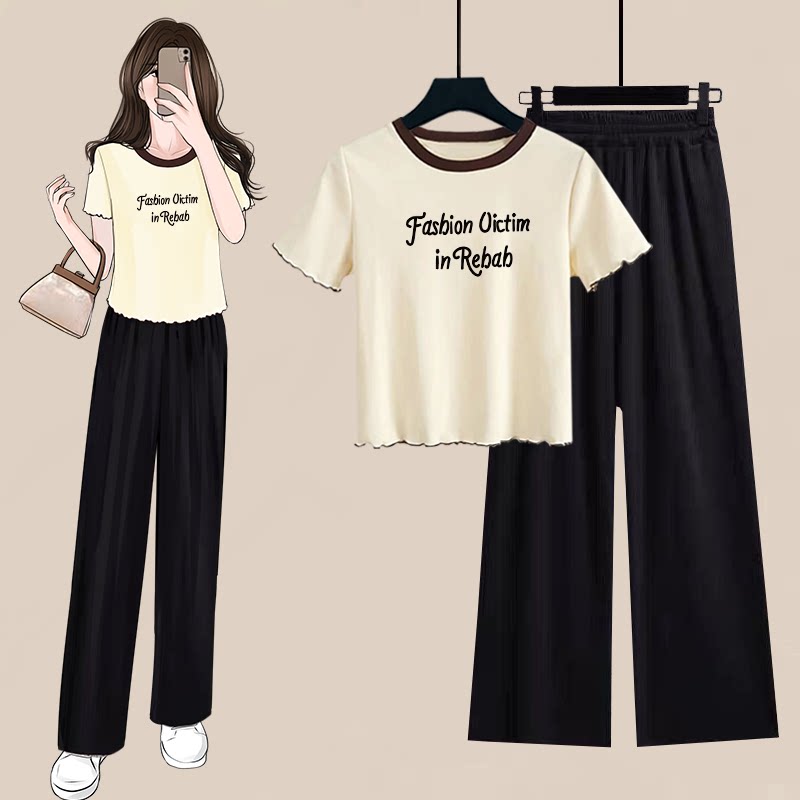 小个子穿搭短袖一套装女夏季t恤拼色木耳边上衣宽松阔腿裤两件套