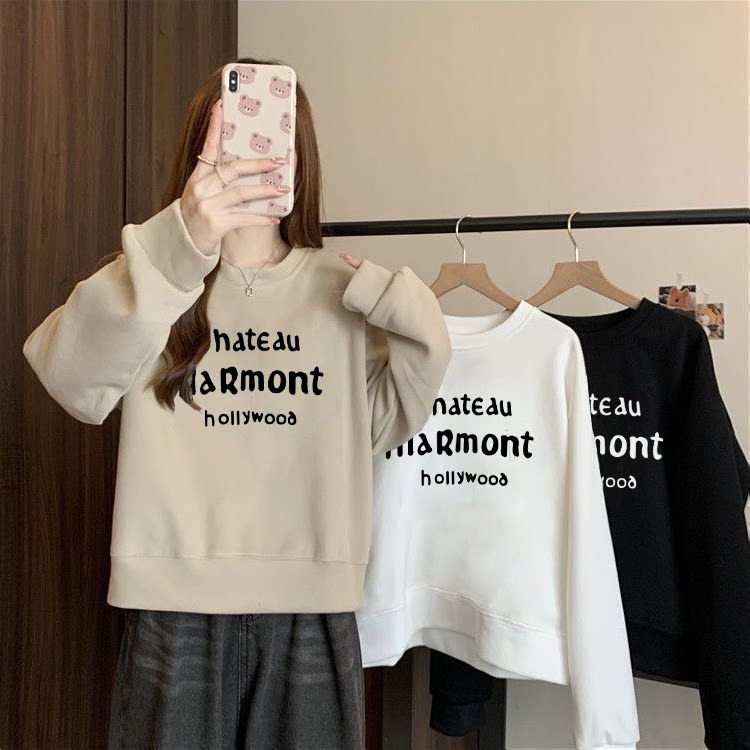 加绒加厚圆领字母卫衣女秋冬季新款韩版宽松外套ins上衣学院风潮