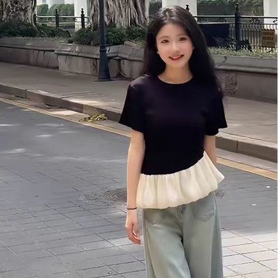 法式设计感荷叶边拼接短袖t恤