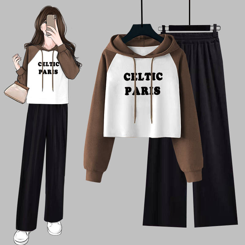 春秋季时尚套装女设计感短款宽松撞色连帽卫衣+高腰阔腿裤两件套