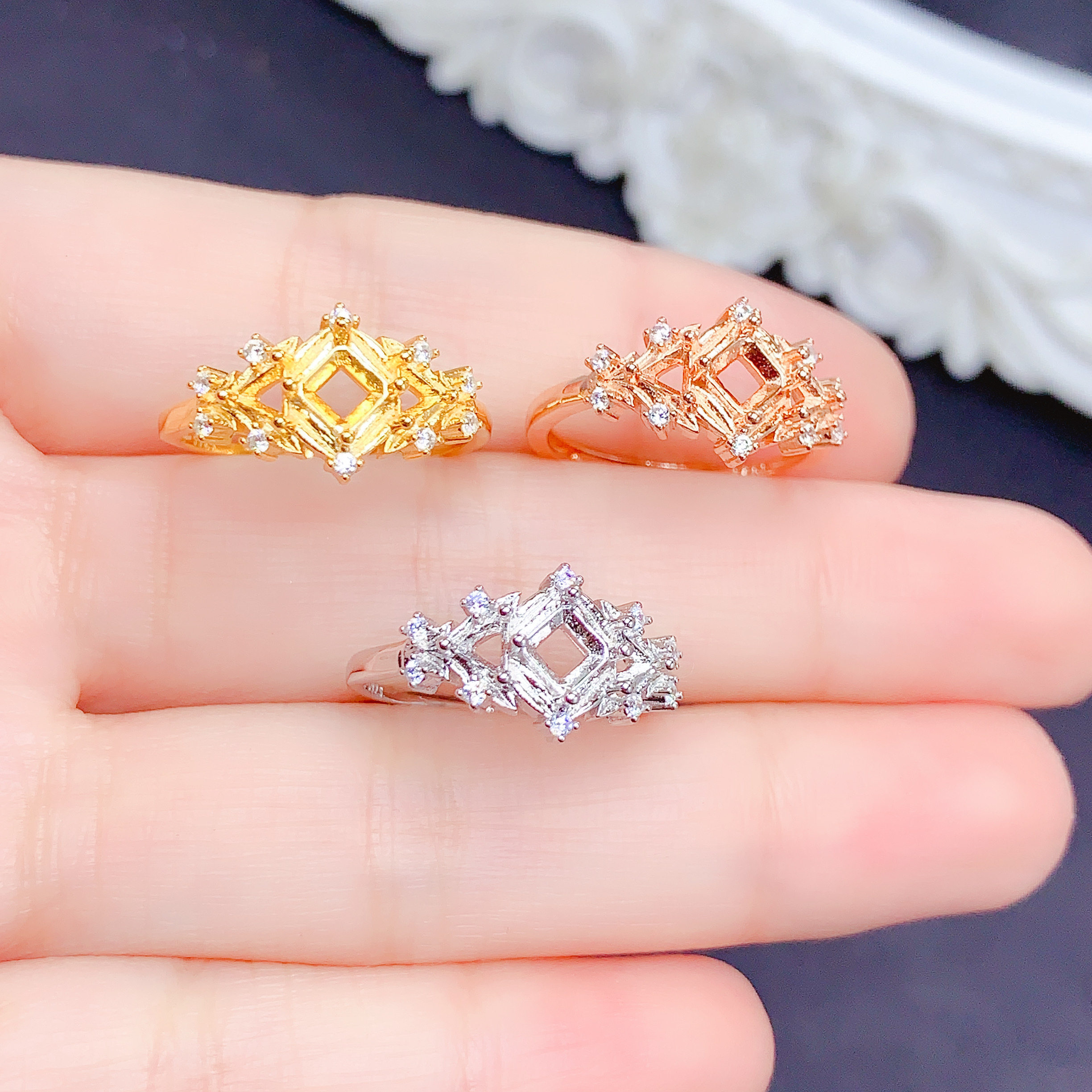 S925银戒指空托女戒托镶嵌方形4×4mm钻石戒指托女戒托镶嵌