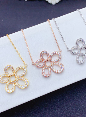 银项链空托女锁骨链托镶嵌四叶草5times5mm钻石项链托女项链托