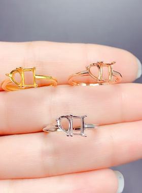 S925银双石款款设计4*6mm戒托 个性时尚百搭