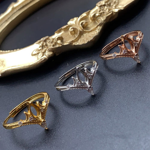s925银复古皇冠加冕马眼戒指女可调节开口指环镶钻精雕4*8mm