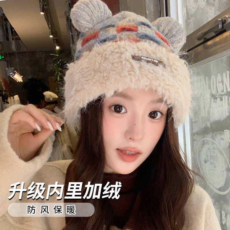 可爱卡通小熊耳朵加绒加厚针织帽