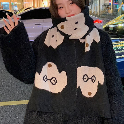 可爱小狗围巾女秋冬季针织配大衣加厚高级感羊毛羊绒情侣围脖男款
