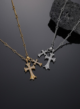 潮牌镶钻双十字架吊坠项链男女