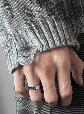 手工敲纹！纯银戒指男款轻奢高级感男生潮牌百搭食指戒小众可调节