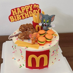 饰插件汤姆猫杰瑞鼠汉堡薯条盒烘焙摆件 麦当劳猫和老鼠生日蛋糕装