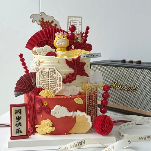 蛇宝宝周岁生日蛋糕装饰插件中式皇冠小蛇摆件红色国风烘焙插牌