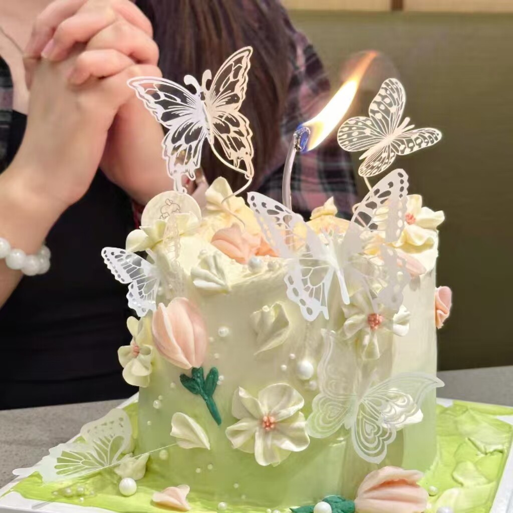 女神生日蛋糕装饰插件网红透明炫彩白色蝴蝶插牌银色烛台烘焙装扮