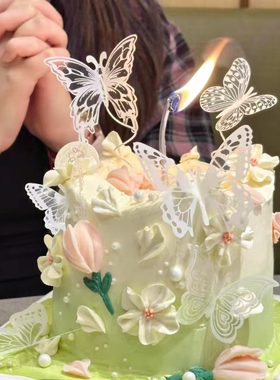 女神生日蛋糕装饰插件网红透明炫彩白色蝴蝶插牌银色烛台烘焙装扮