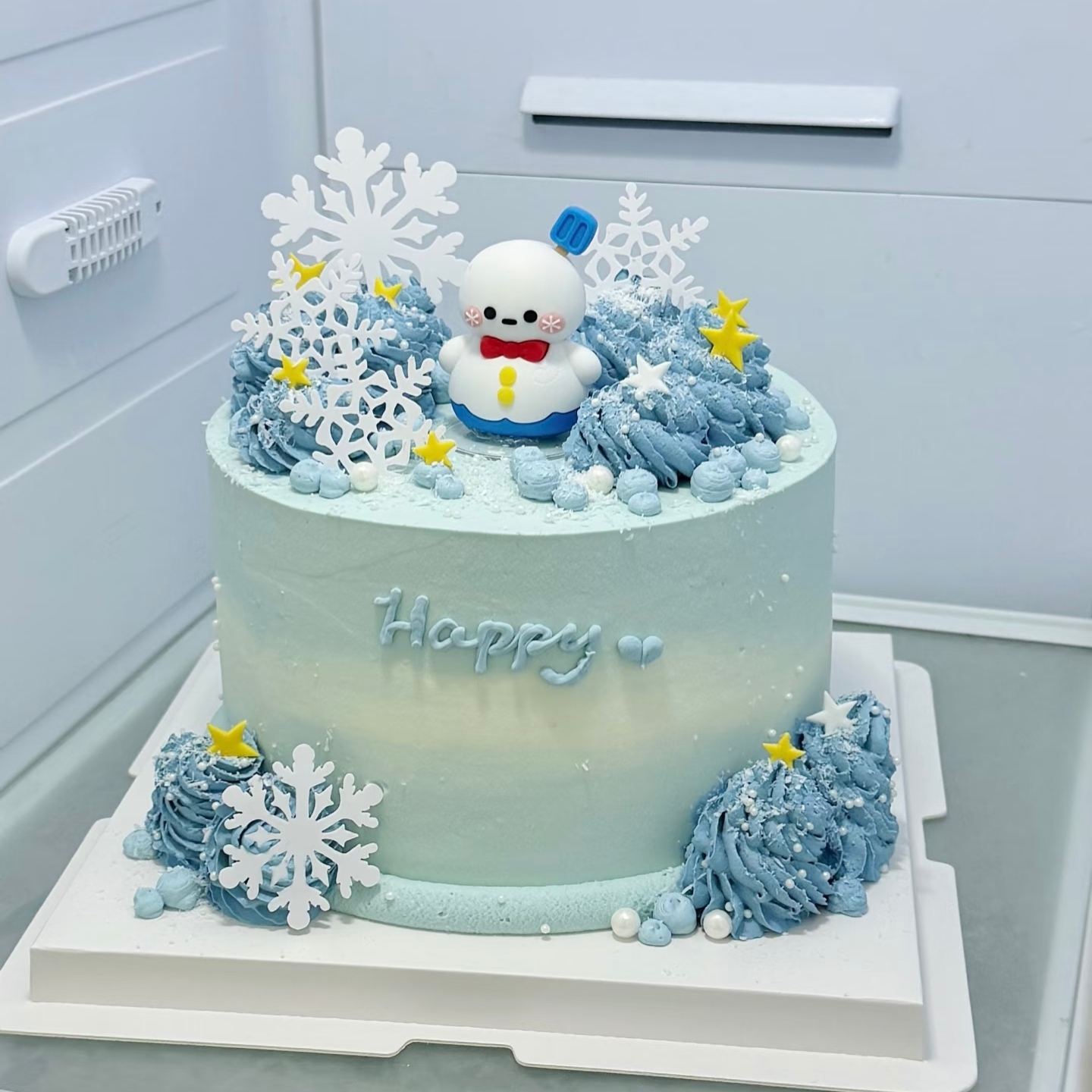 圣诞节雪人蛋糕装饰插件亚克力雪花插牌白色糖珠五角星塑料切模