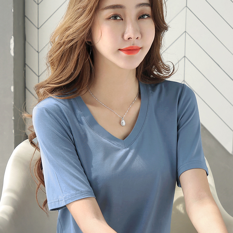 v领莫代尔短袖t恤面膜冰丝半袖