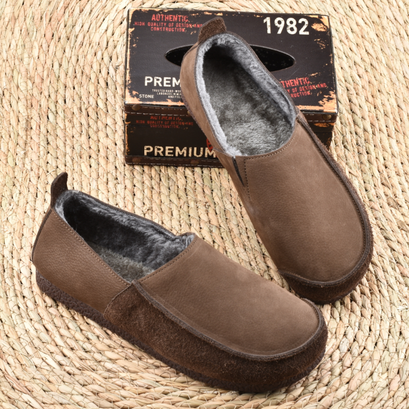 新款冬季真皮加绒保暖男鞋软底一脚蹬休闲百搭豆豆鞋平底轻便棉鞋