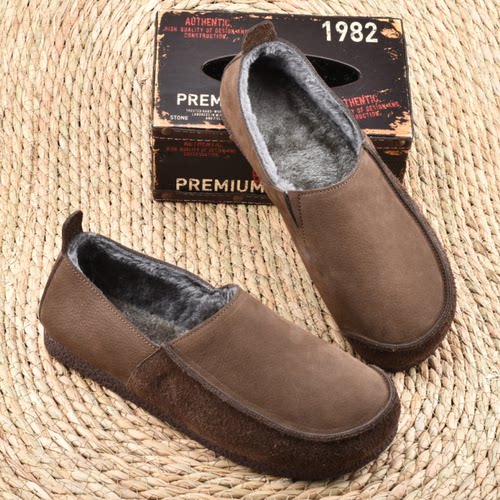 新款冬季真皮加绒保暖男鞋软底一脚蹬休闲百搭豆豆鞋平底轻便棉鞋