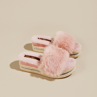 厚底毛毛拖鞋女外穿2025秋冬新款韩版麻绳居家增高坡跟兔毛一字拖