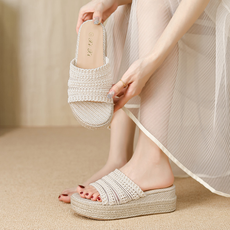 坡跟凉鞋女外穿2026夏季新款韩版松糕厚底鞋亚麻编织增高一字拖鞋