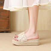 女外穿2025夏新款 韩版 松糕厚底鞋 坡跟凉鞋 亚麻编织一字增高凉拖鞋