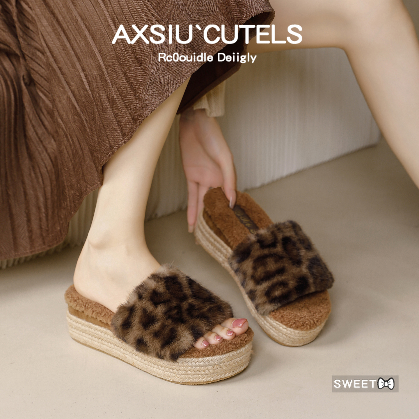 豹纹毛毛一字拖女外穿松糕厚底高级感毛毛鞋家居用一脚蹬增高毛拖