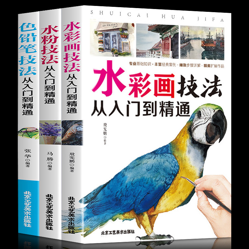 全三册 水彩画技法从入门到精通+水粉技巧从入门到精通+色铅笔技法从入门到精选 自学零基础书籍书速写书畅销书水粉画技法基础入门