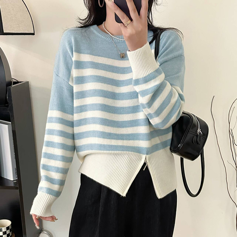 美拉蓝穿搭条纹毛衣女秋冬2024新款针织衫早秋小个子独特漂亮上衣