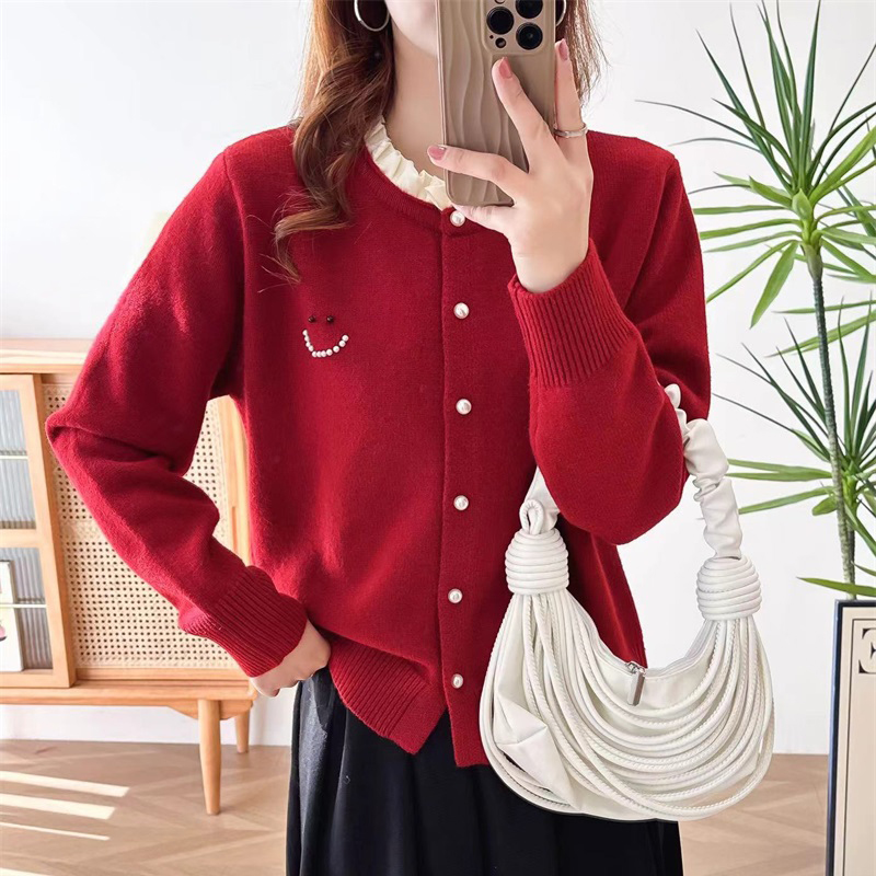 圆领花边拼接针织衫女装开衫