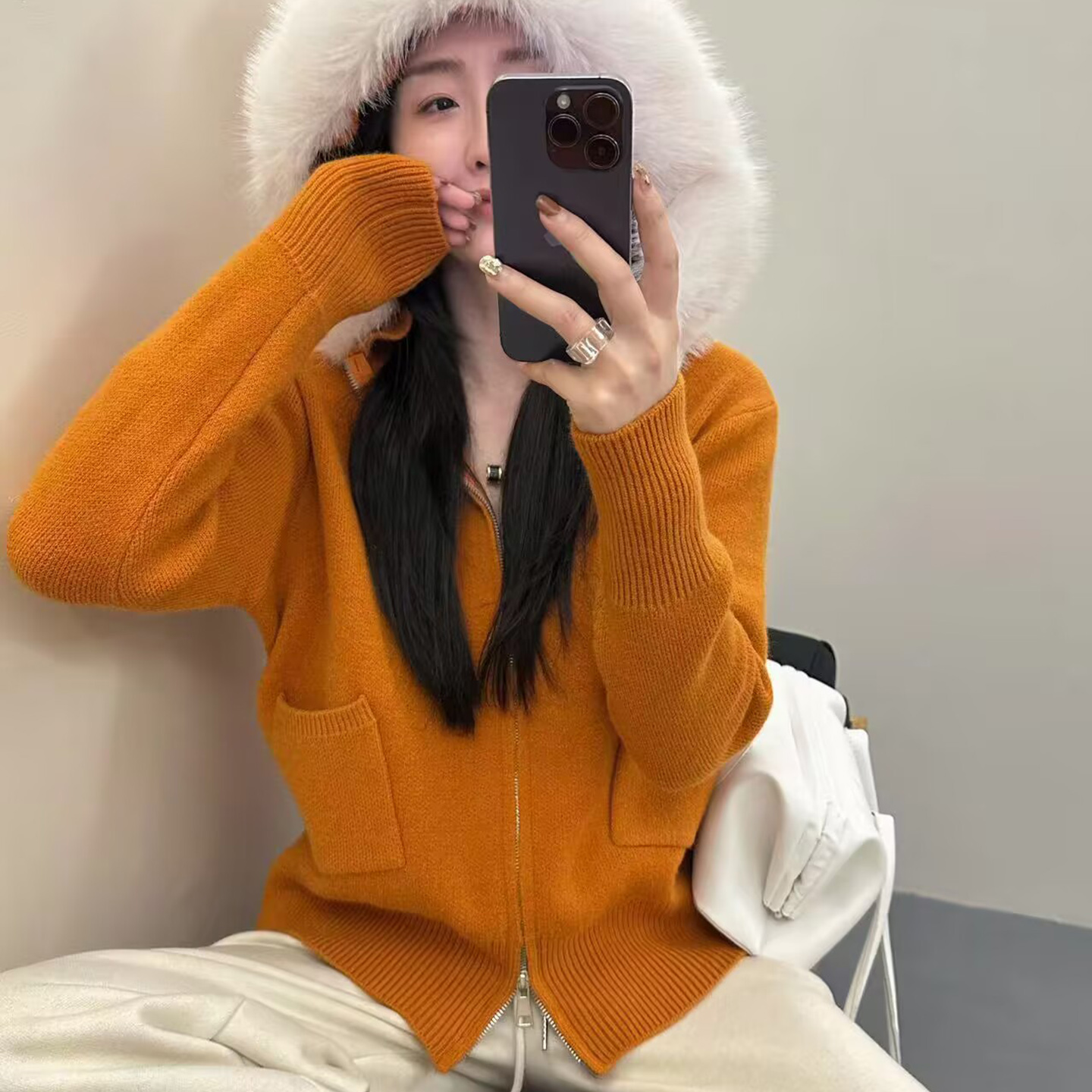 软糯毛毛领连帽毛衣开衫外套女秋季2025新款休闲时尚宽松针织上衣