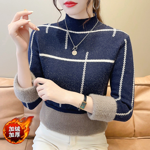 加绒加厚毛衣女秋冬一体绒条纹半高领针织上衣2024新款内搭打底衫