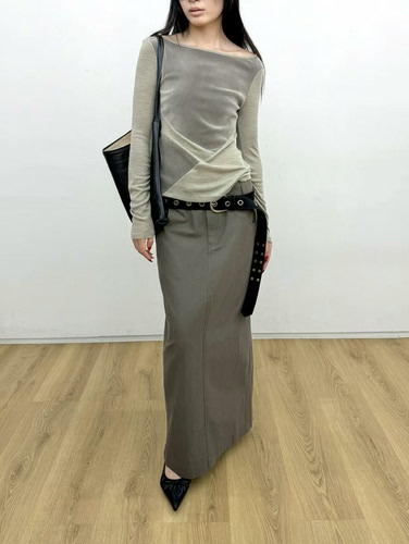 设计师品牌复古时髦丝绒异料拼接不规则下摆长袖修身显瘦T恤女