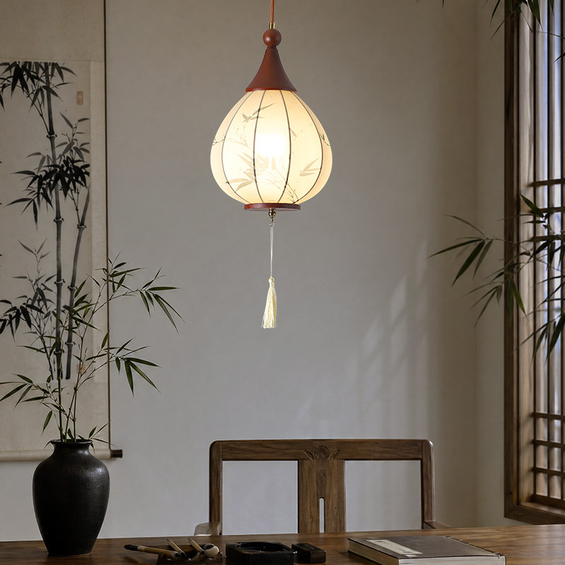 宋代美学餐厅吊灯新中式木质灯笼布艺灯罩复古装饰灯具