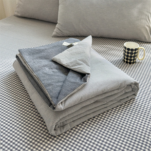 A类纯棉水洗棉大豆纤维空调被夏季 全棉小小格子条纹夏凉被四件套