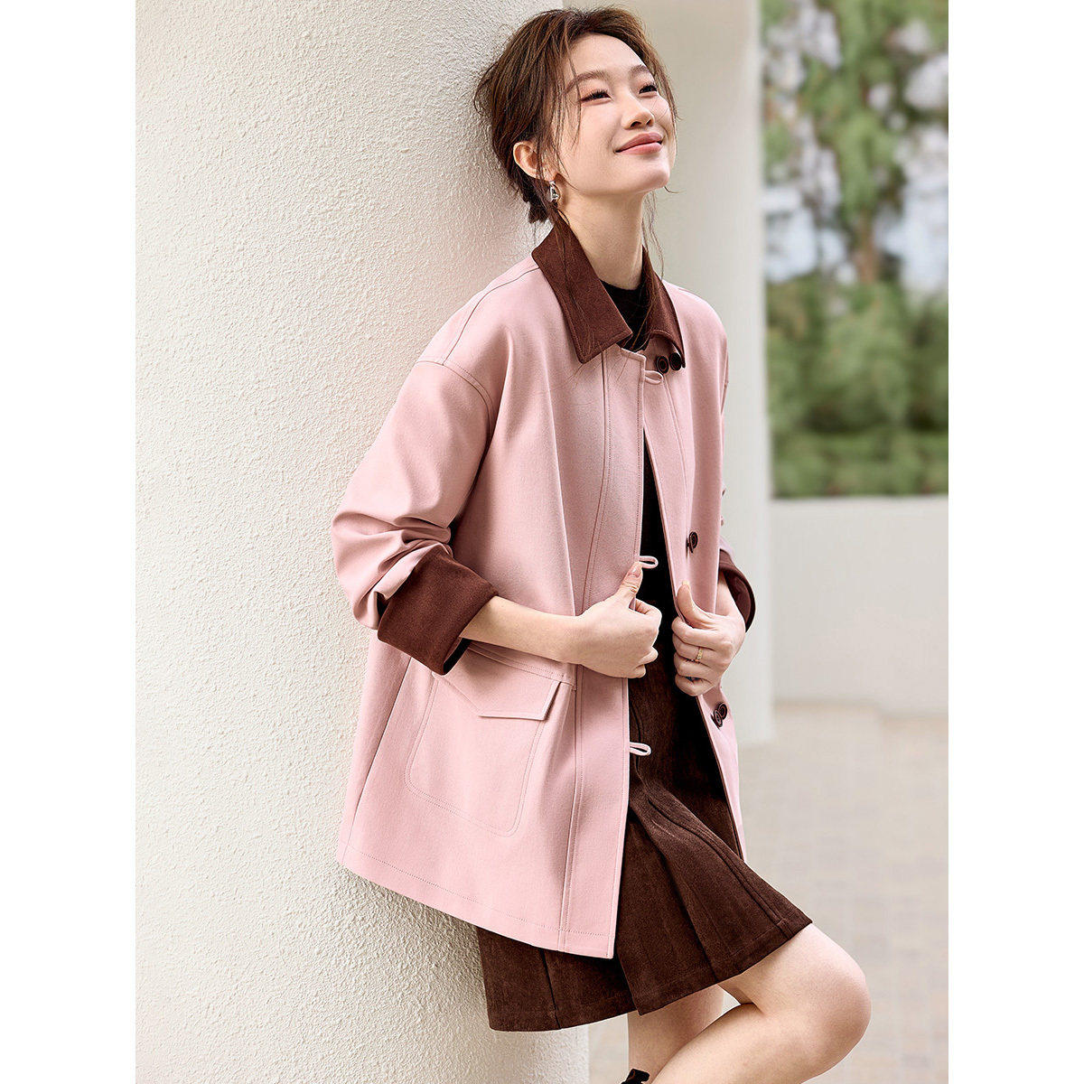 TOUCH MISS减龄粉色中长款风衣女2026新款春季高级感外套TM1875QQ
