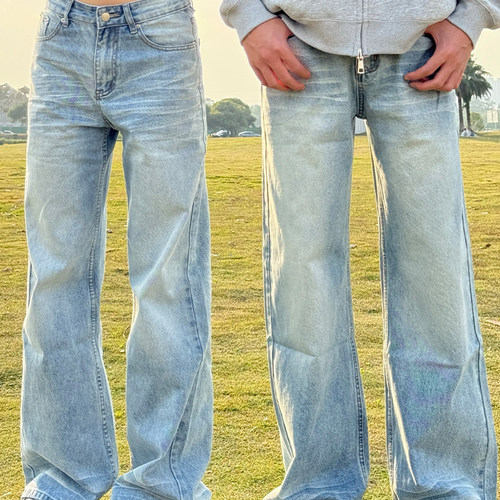 猫须水洗宽松百搭做旧牛仔裤