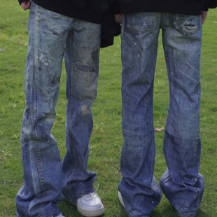 情侣宽松休闲直筒裤 记得加辣 男女秋季 复古水洗高街牛仔裤 美式