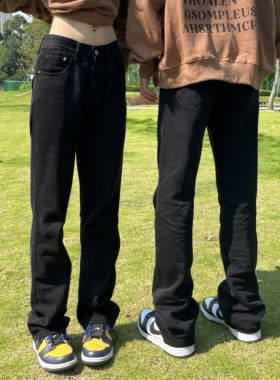 记得加辣2026ss国潮高街黑色款百搭直筒微喇裤子女百搭牛仔裤男潮