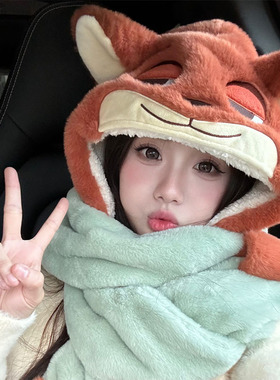 狐狸尼克可爱雷锋帽女2024冬季新款骑车加绒帽围脖手套一体三件套