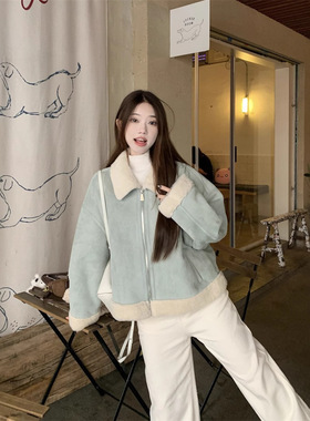 韩系高级感浅蓝色翻领短款羊羔毛外套女2025冬款皮毛一体夹克上衣