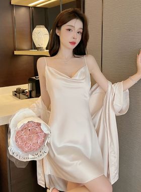 性感睡衣女夏季新款吊带睡裙冰丝荡领开叉美背新款家居服可跨境