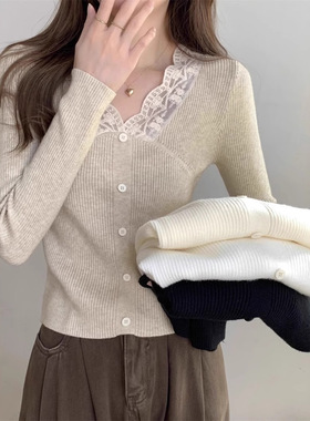 法式温柔气质设计感蕾丝衫V领针织衫女秋冬修身显瘦内搭打底毛衣