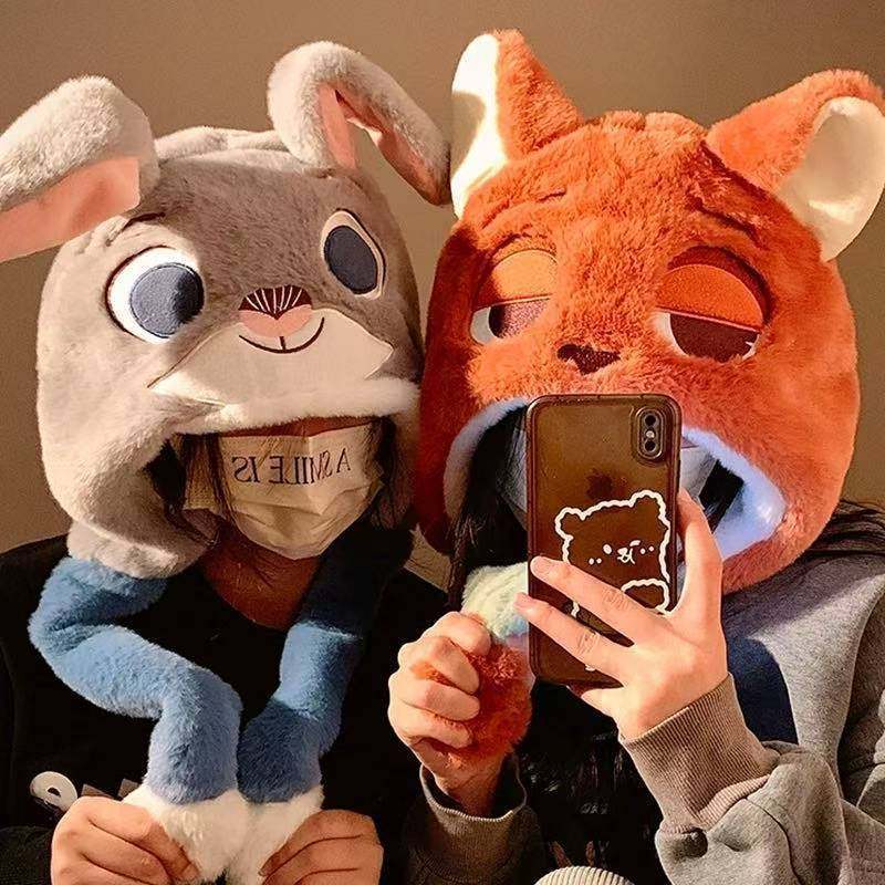 疯狂朱迪动物帽子毛绒可爱卡通秋冬情侣保暖秋冬季动耳帽耳朵会动