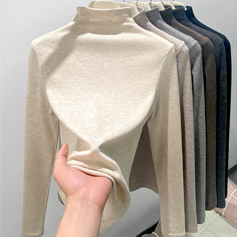 H393半高领打底衫女秋冬季保暖长袖t恤修身显瘦纯色百搭中领上衣