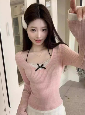 韩系纯欲甜美蕾丝蝴蝶结挂脖长袖体恤女内搭小众时尚bm打底衫上衣