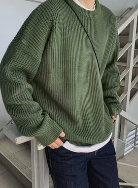 秋冬内搭打底针织衫纯色圆领毛衣宽松百搭加厚韩版潮流毛衣男外套